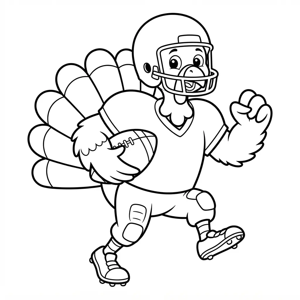 Turkey disguised as a football player in a coloring page, wearing a helmet and jersey while holding a football.