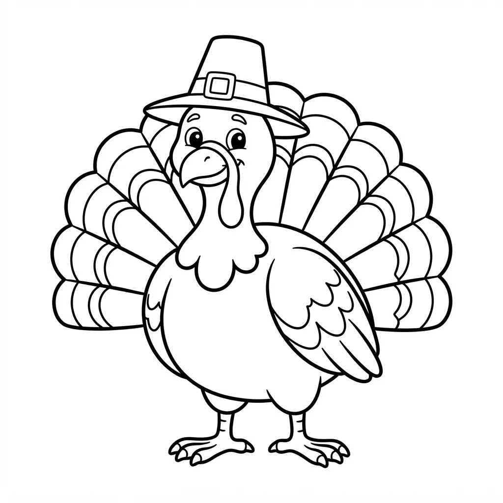 Turkey wearing a pilgrim hat in a printable coloring page, shown with bold lines and a broad fan of feathers.