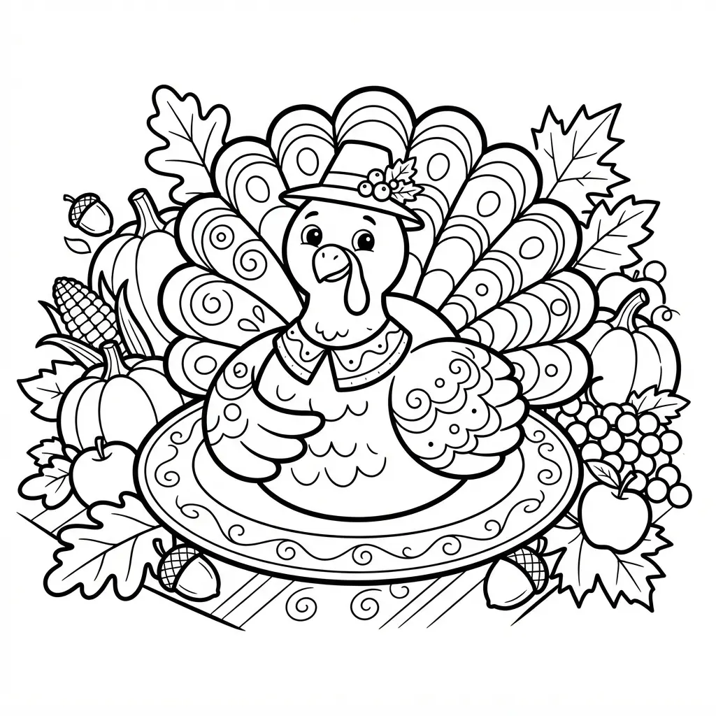 Thanksgiving feast turkey centerpiece coloring page with plates, leaves, and a smiling bird at the table.