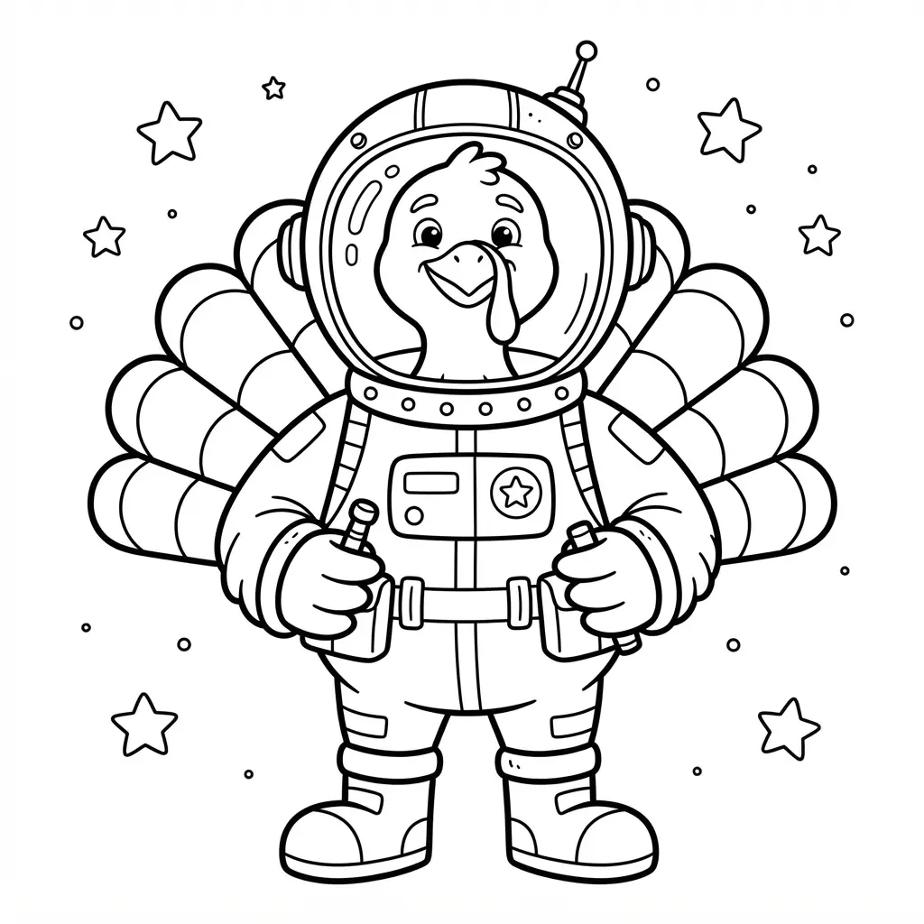 Turkey disguised as an astronaut in a coloring page, wearing a space helmet and suit with stars nearby.