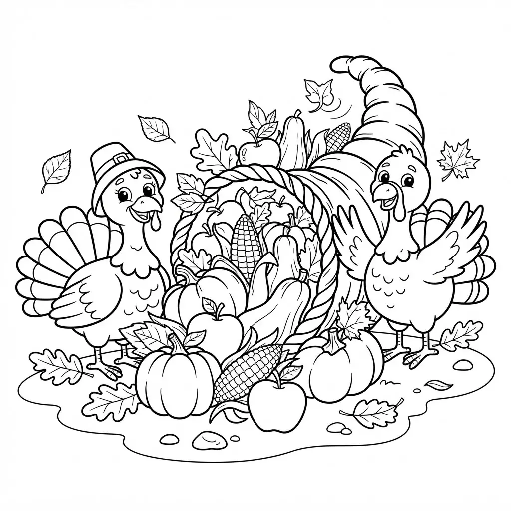 Cornucopia surrounded by autumn turkeys in a printable coloring page with pumpkins, leaves, and harvest produce.