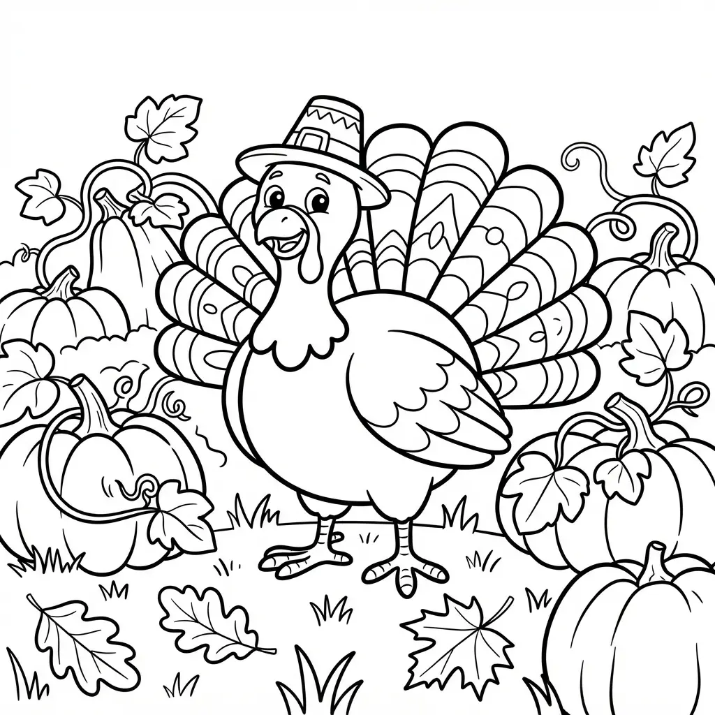 Turkey beside a pumpkin patch in a coloring page, with vines, pumpkins, grass, and simple fall details.
