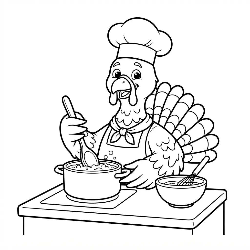 Turkey chef cooking dinner in a coloring page, holding a spoon beside a pot, bowl, and kitchen counter.