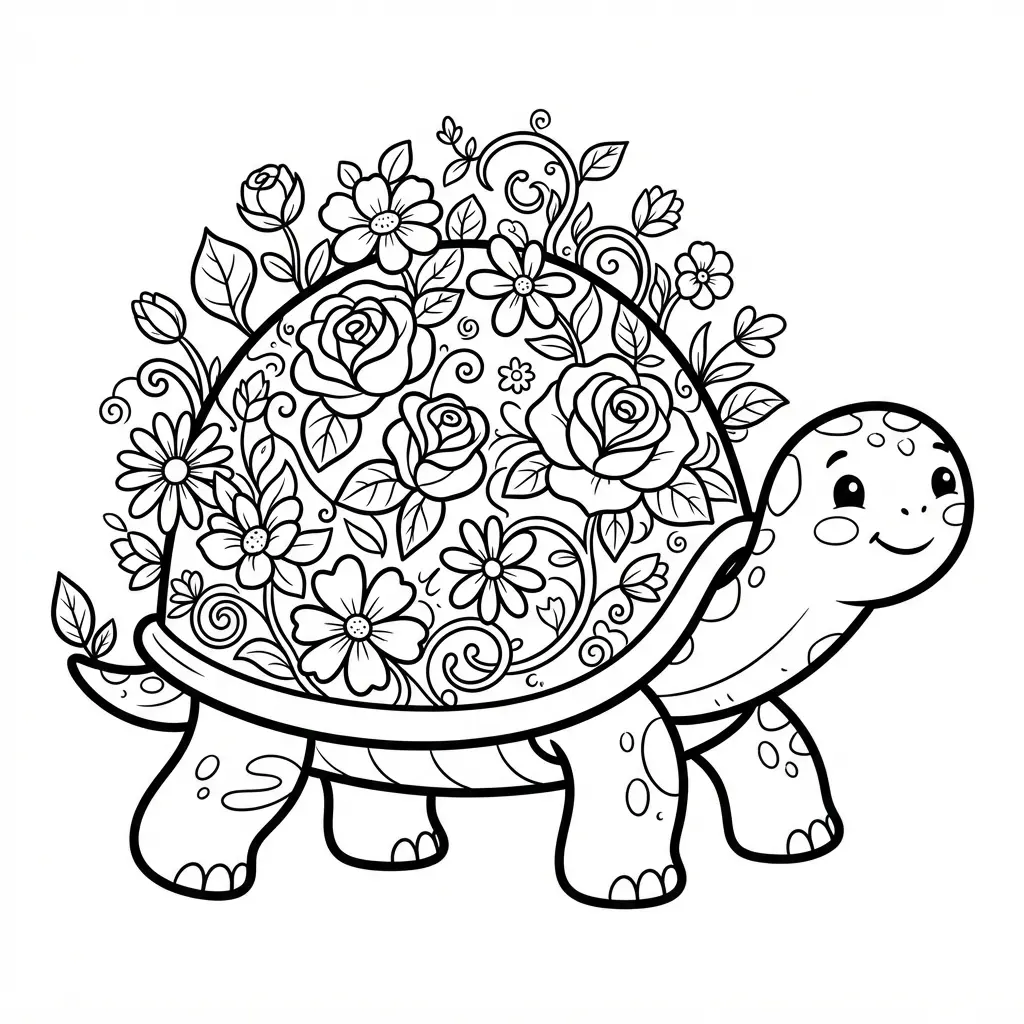 A fanciful turtle coloring sheet where the shell is decorated with elaborate flowers and leaves.