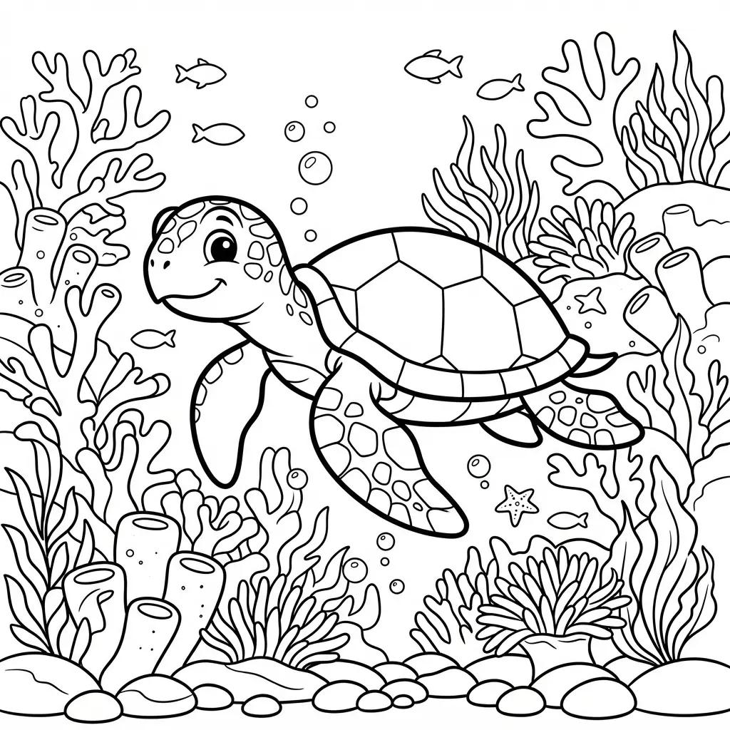 A busy underwater scene with a turtle, perfect for practicing many colors on a single page.