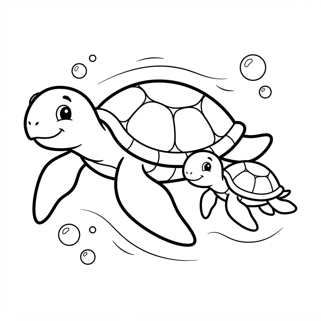 A sweet turtle coloring page depicting a mother and child swimming together in the ocean.