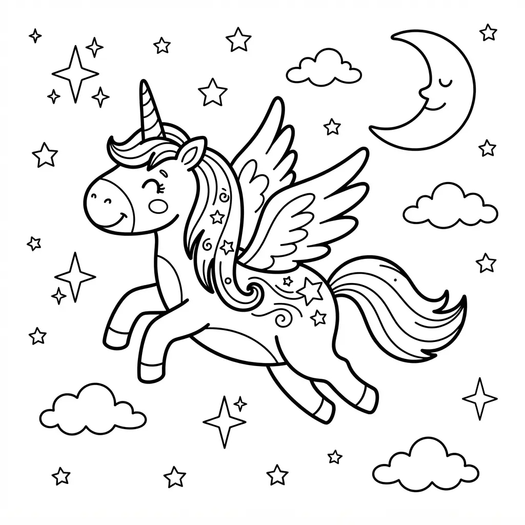 Unicorn flying through an open sky past twinkling stars, small clouds, and a bright crescent moon.