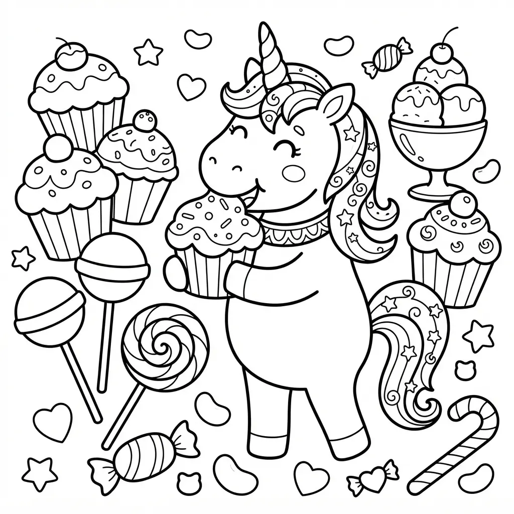Unicorn coloring pages showing a whimsical pony eating sugary treats beside cupcakes, lollipops, and candy pieces.
