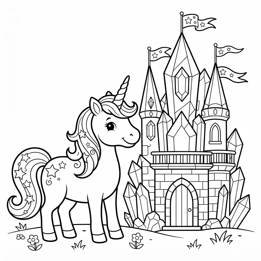 Unicorn beside a tall crystal castle with pointed towers, gems, flags, and wide areas for marker color.