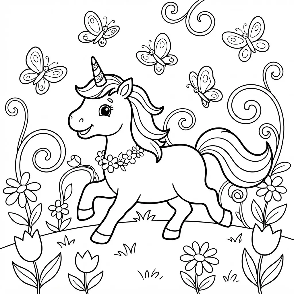 Unicorn coloring pages featuring a playful pony chasing butterflies through grass, flowers, and curling vines.