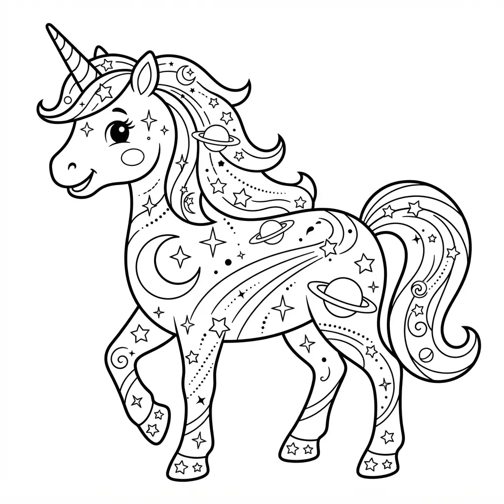 Celestial unicorn with a galaxy pattern across its body, surrounded by stars, planets, and curved orbit lines.