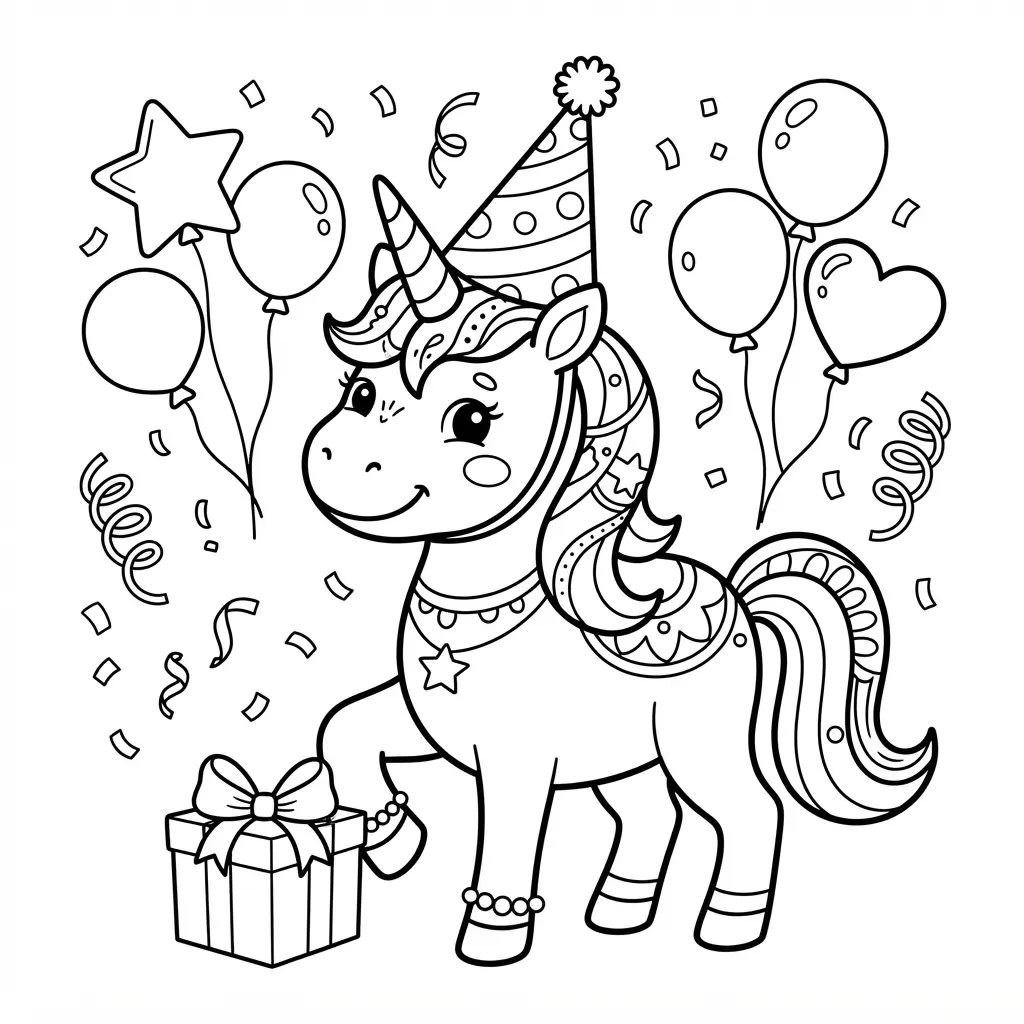 Unicorn coloring pages showing a fancy pony in a party hat beside balloons, streamers, and wrapped gifts.