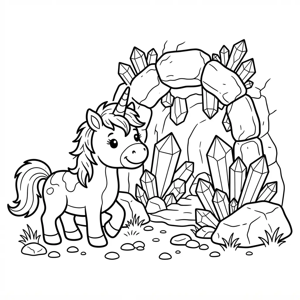 Mini unicorn beside a gemstone cave with large crystals, pebbles, short grass, and bold child-friendly outlines.