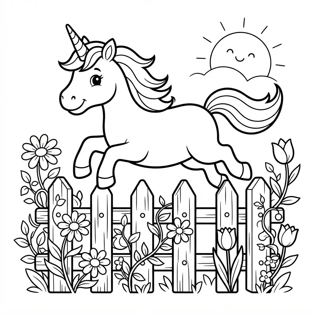 Unicorn coloring pages showing a pony jumping over a garden fence beside flowers, leaves, and a sunny sky.