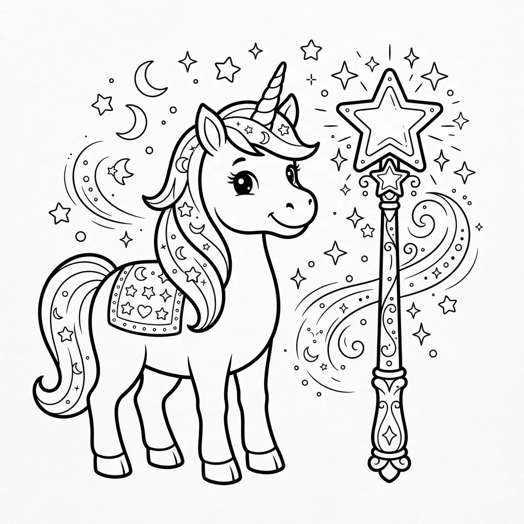 Starlight unicorn beside a magic wand with stars, moons, sparkles, and neat spaces for bright marker colors.