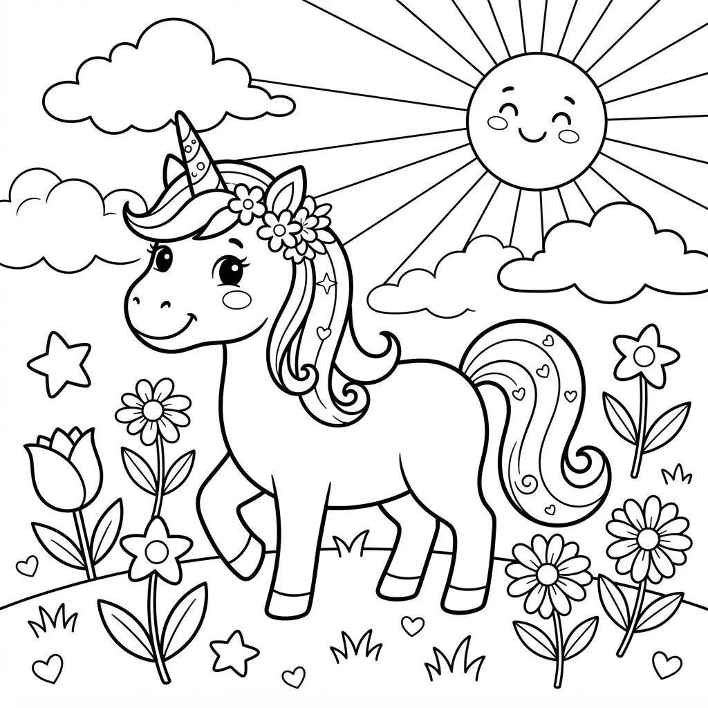 Unicorn coloring pages featuring a happy pony near wide sunbeams, soft clouds, flowers, and smiling details.