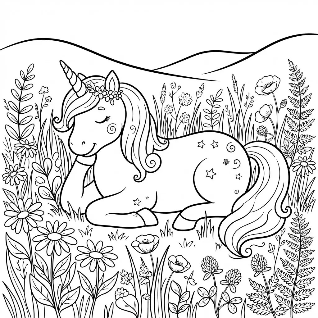 Unicorn resting in meadow grass beside daisies, leafy plants, and distant hills in a calm line drawing.