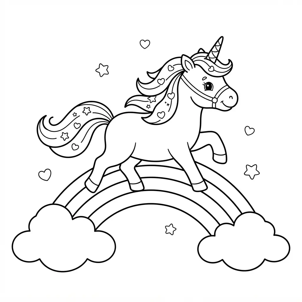 Unicorn coloring pages featuring a galloping pony crossing a rainbow bridge beneath small puffy clouds.