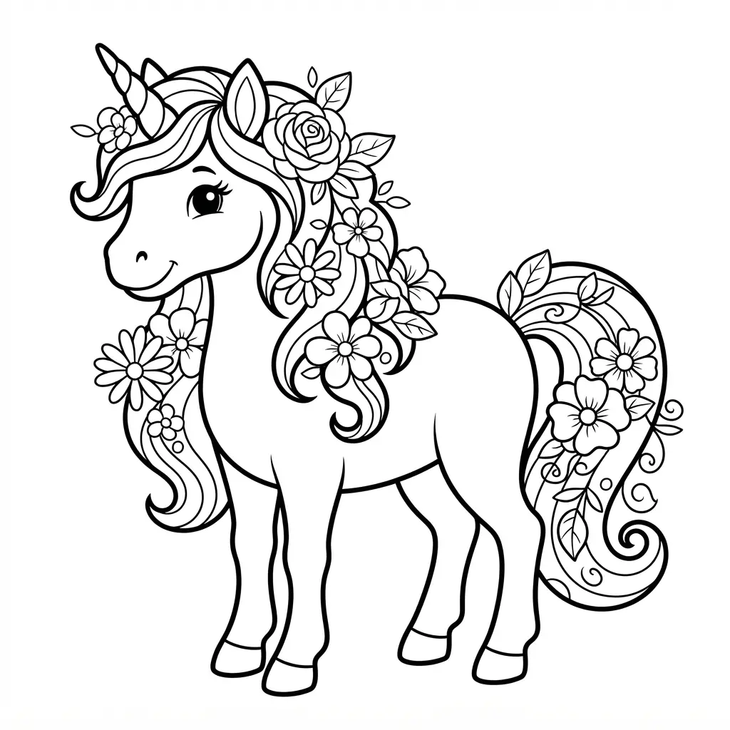 Unicorn coloring pages showing a magical pony with flowers woven through its mane and clean outlined leaves.