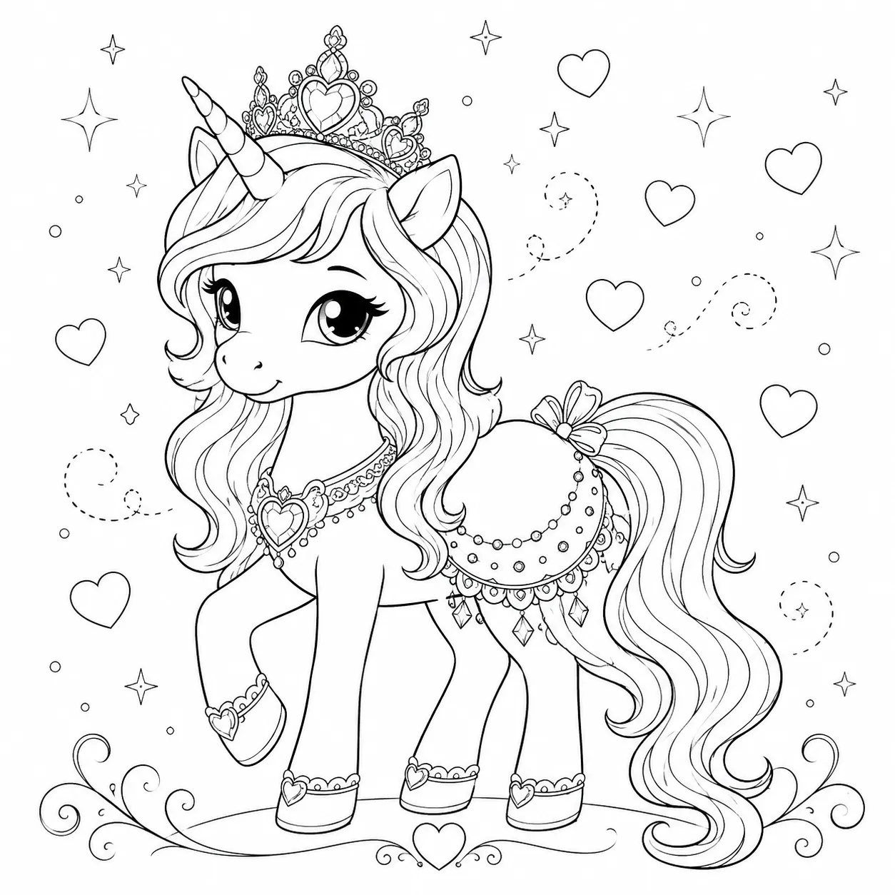 Unicorn princess wearing a sparkly crown beside small hearts and decorative stars in a clear line drawing.