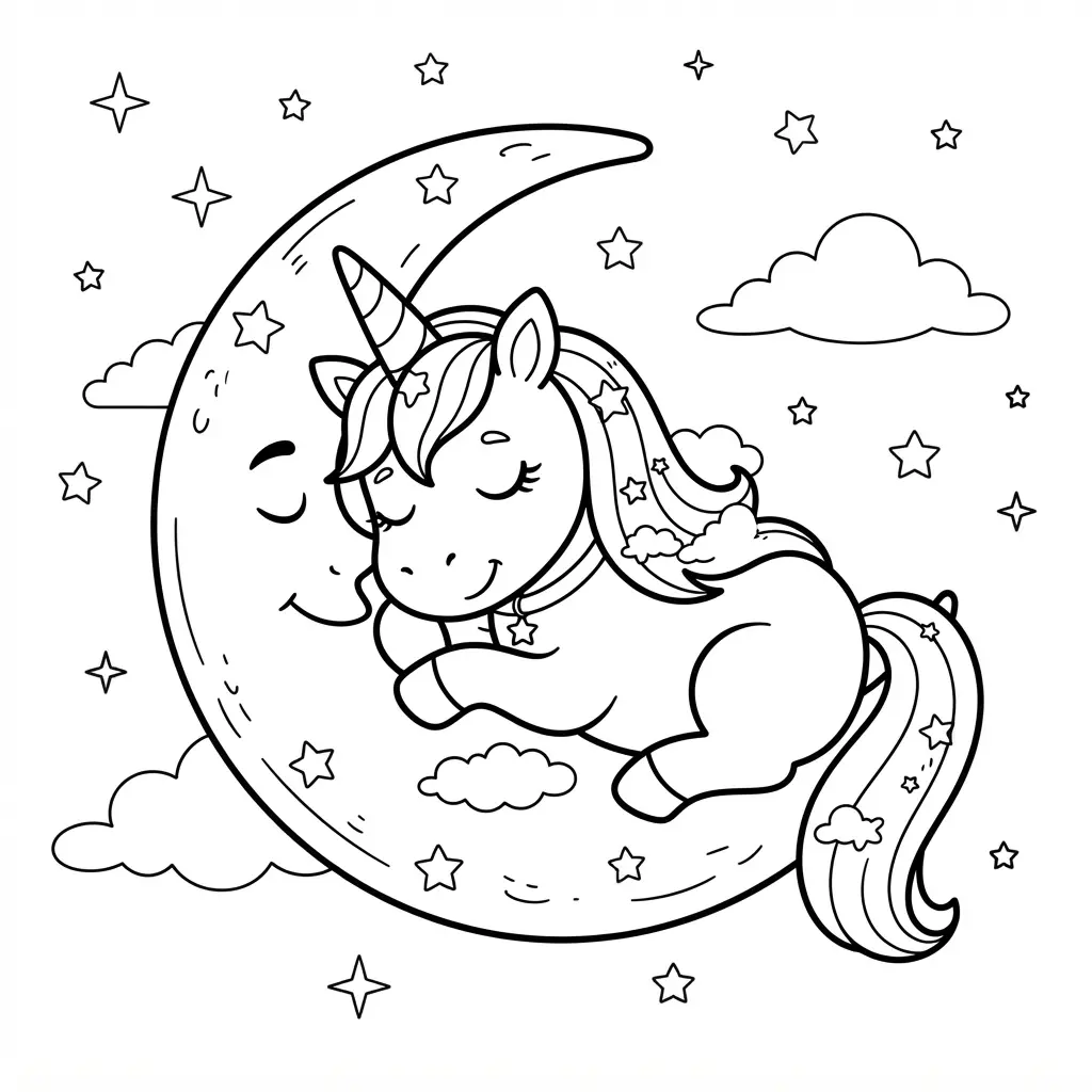 Unicorn coloring pages with a sleepy pony resting on a crescent moon among stars and gentle night clouds.