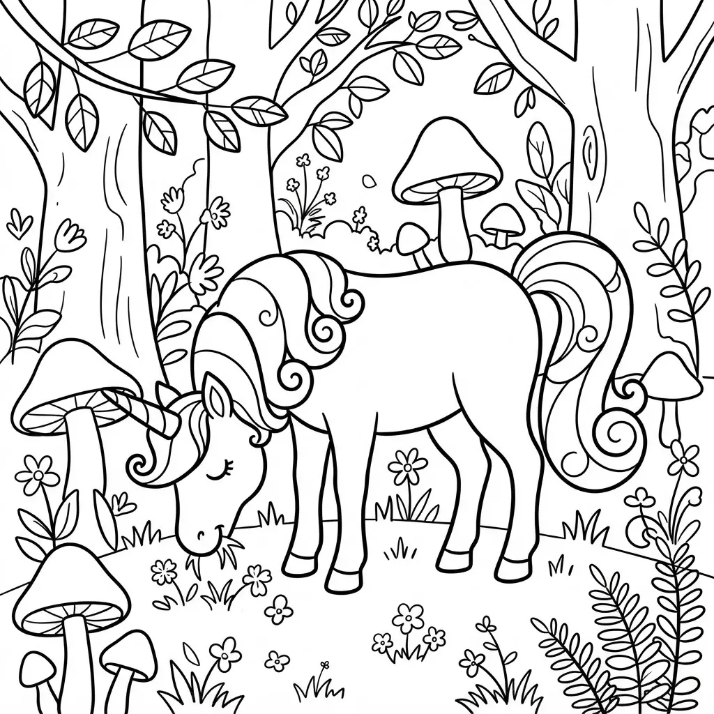 Unicorn grazing in an enchanted forest with tall trees, mushrooms, leafy plants, and open coloring sections.