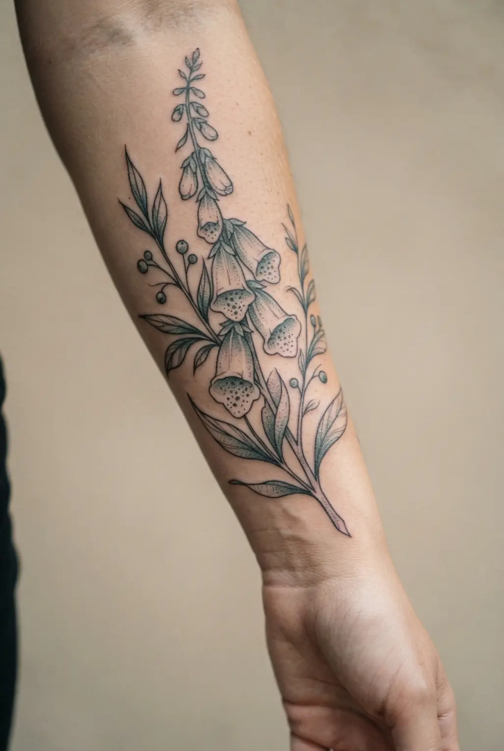 Nightshade and foxglove botanical stem tattoo with drooping blossoms, narrow leaves, fine outlines, and stippled shading.