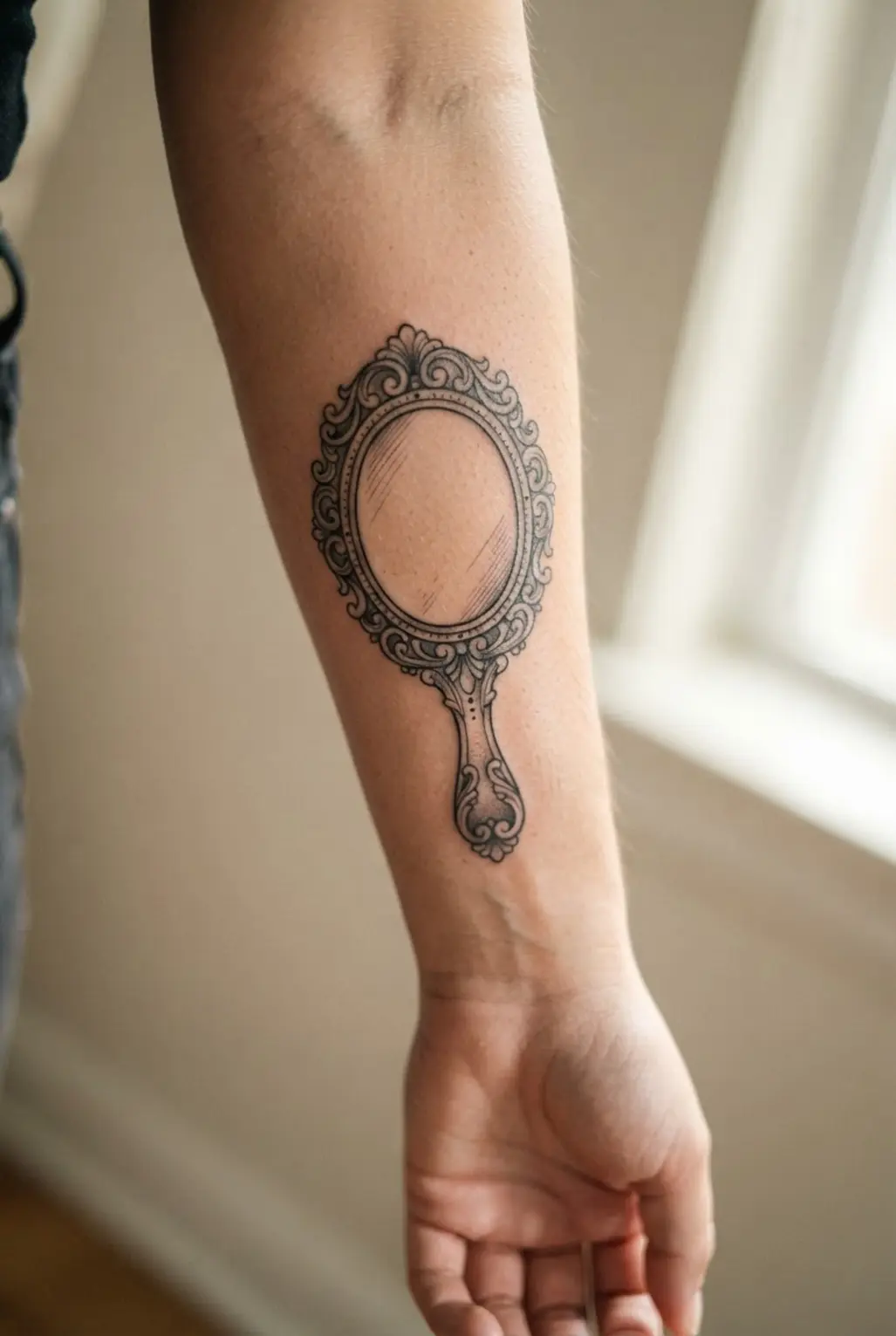 Antique hand mirror tattoo with ornate filigree around the frame, a blank reflective center, and gray hatching.