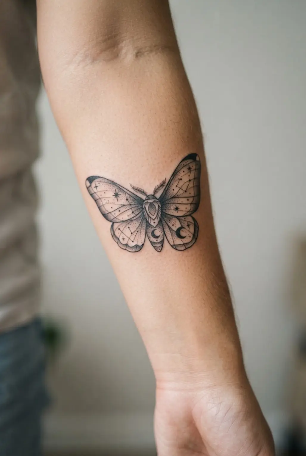 Moth tattoo with celestial stars, crescent details, patterned wings, fine outlines, and soft stippled shading.