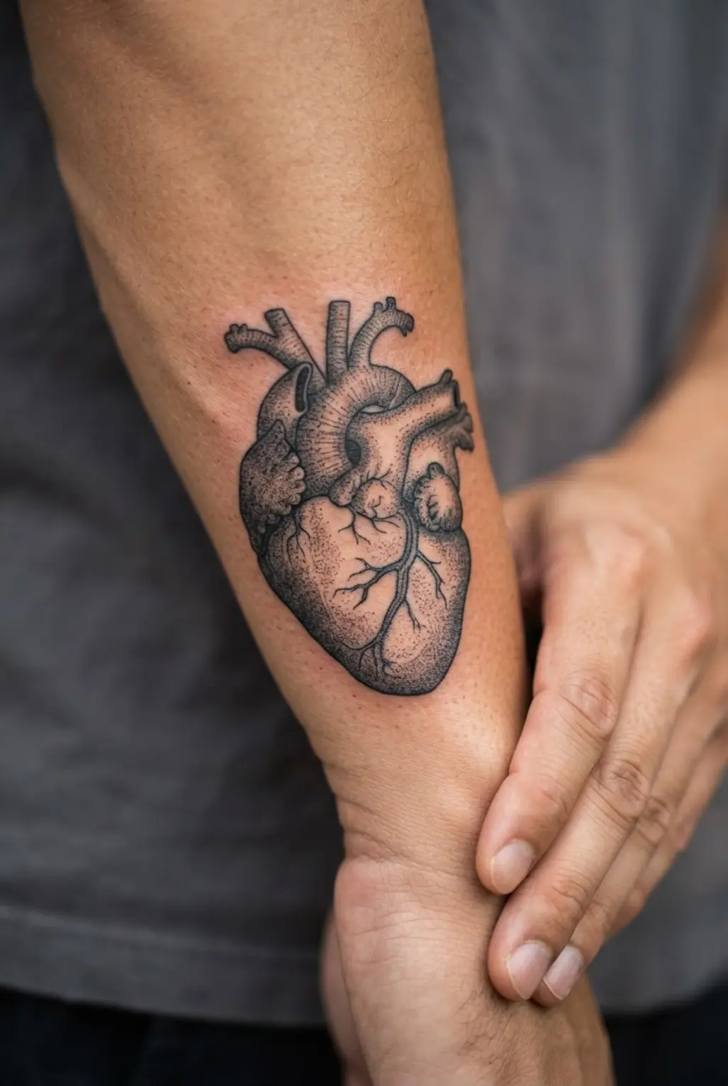 Victorian tattoo ideas featuring an engraved anatomical heart with dense stippling, serif details, and black-gray shading.