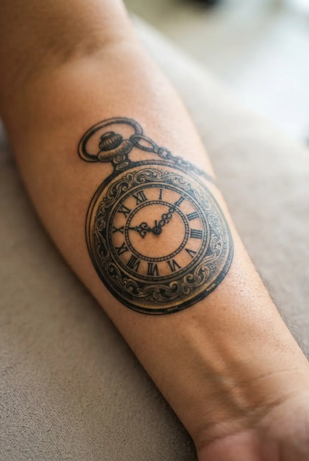 Victorian tattoo ideas showing an ornate brass pocket watch with engraved numerals, filigree, and stippled depth.