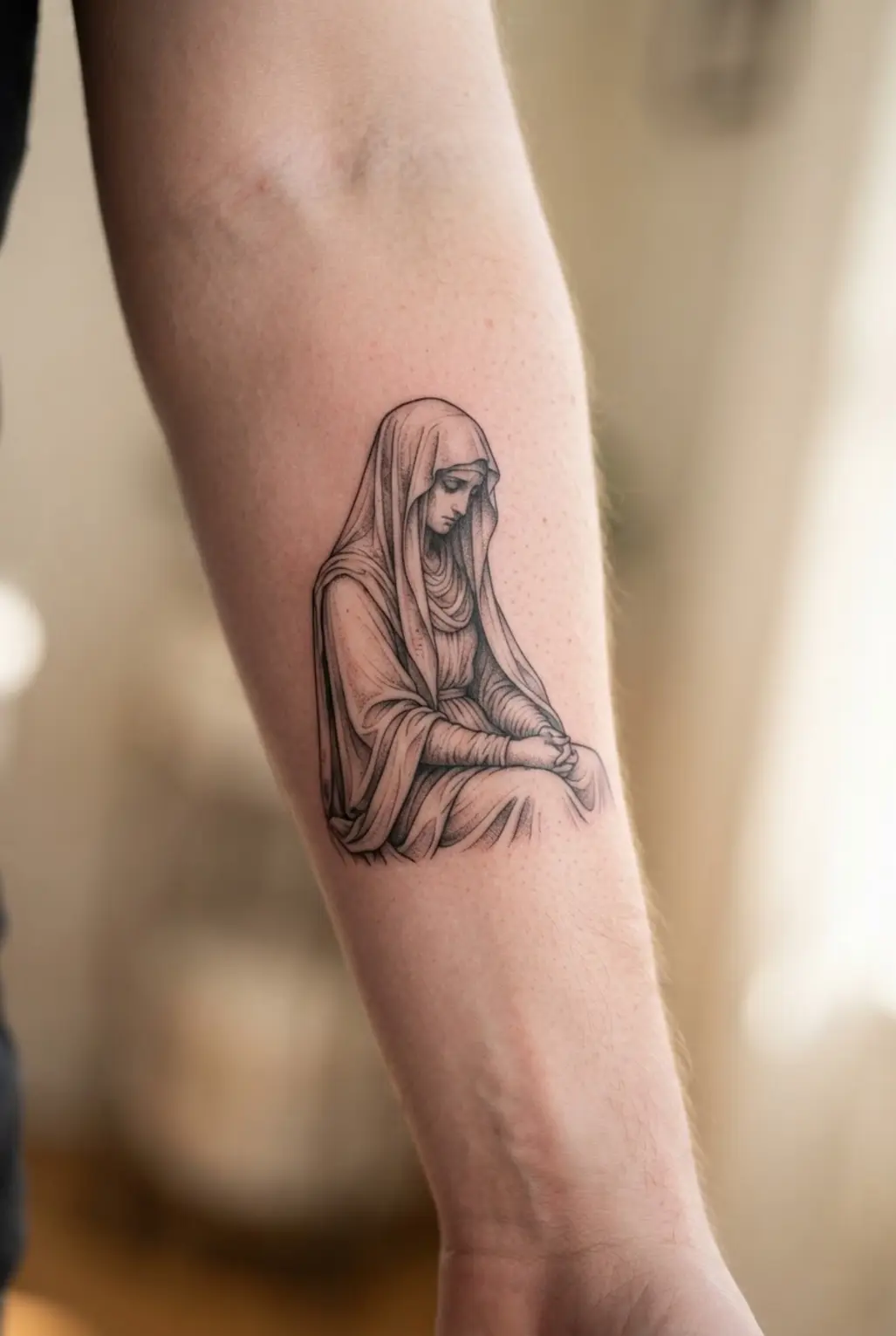 Victorian tattoo ideas featuring a veiled mourning figure in fine-line ink with a quiet pose and soft gray shadows.