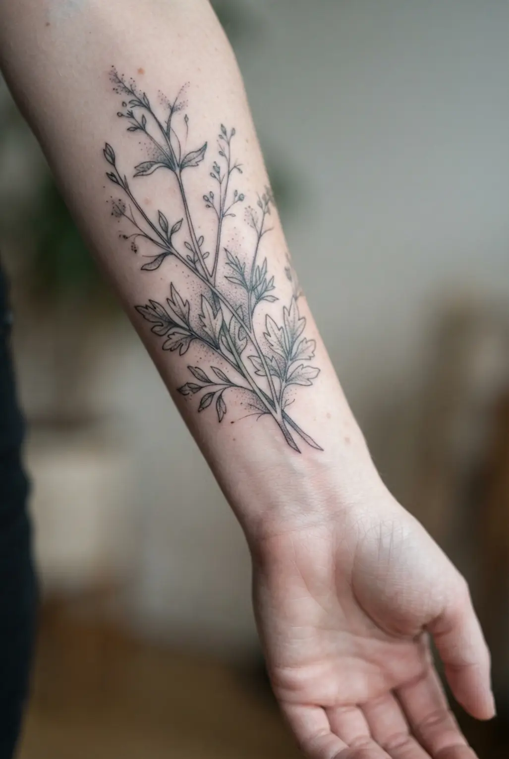 Victorian tattoo ideas showing a dried botanical specimen plate with fine stems, serif labels, and stippled gray shadows.