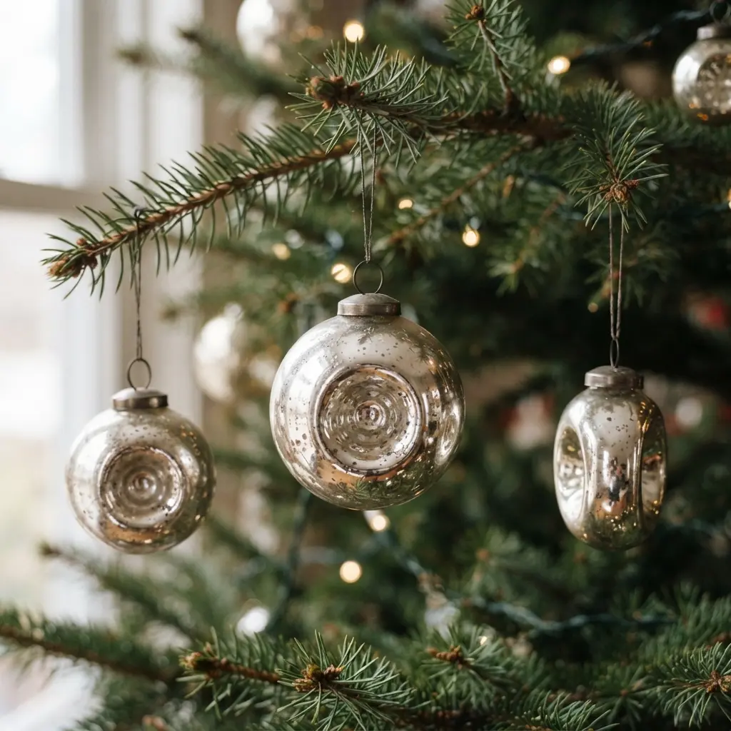 Vintage Christmas Tree Decoration Ideas featuring shiny indented mercury glass ornaments on softly lit evergreen branches.