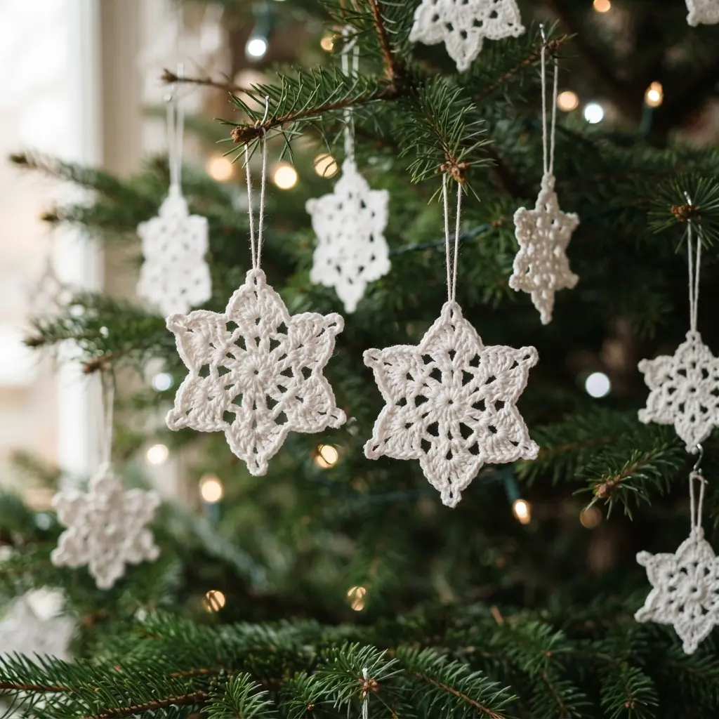 Vintage Christmas Tree Decoration Ideas featuring white crocheted snowflake lace ornaments hanging from softly lit green branches.