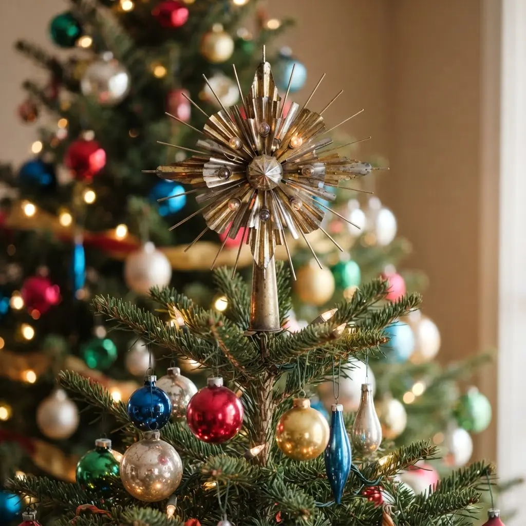 Vintage Christmas Tree Decoration Ideas with a finned starburst tree topper placed above colorful ornaments and warm lights.