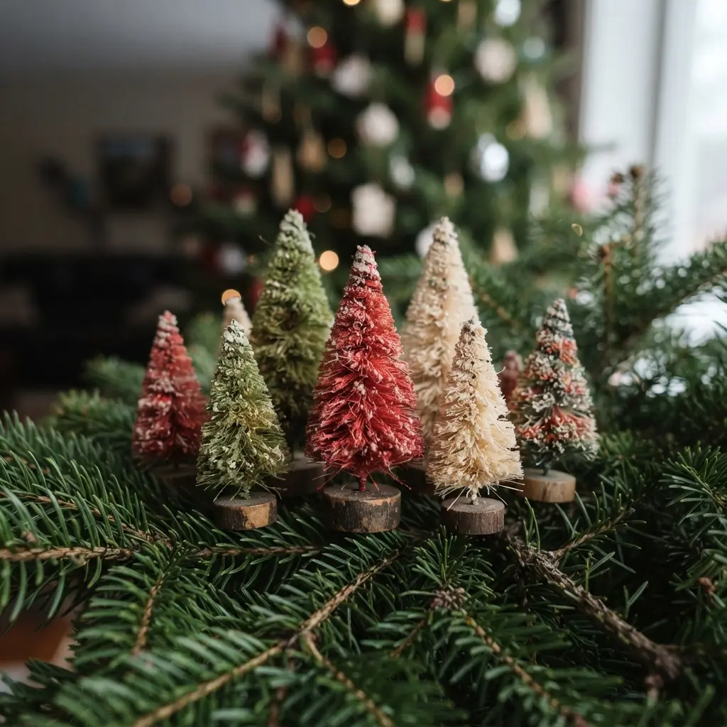 Vintage Christmas Tree Decoration Ideas showing miniature bottle brush tree ornaments in red, green, and cream across lower branches.