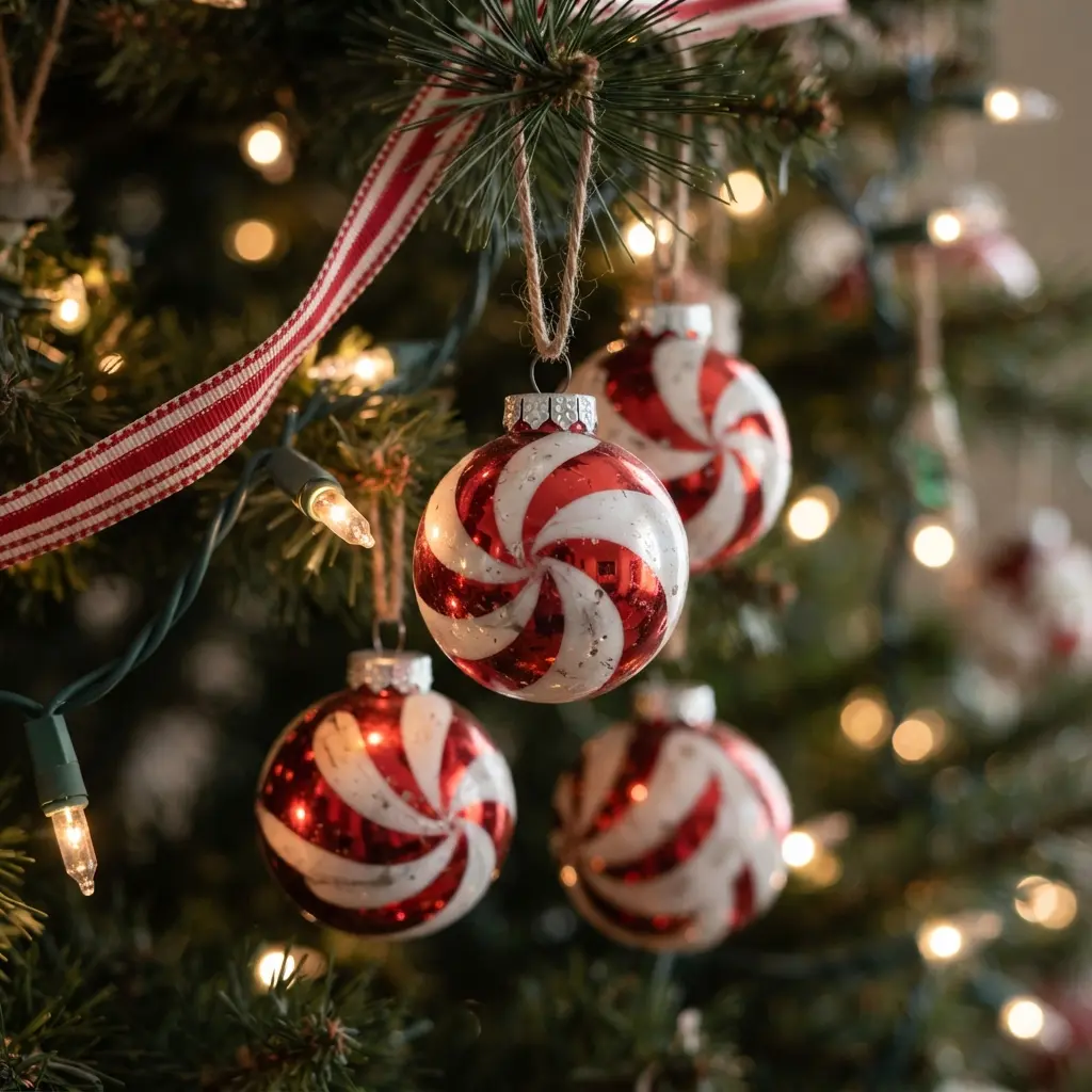 Red and white peppermint ornaments hang from evergreen branches beside striped ribbon and glowing holiday lights.