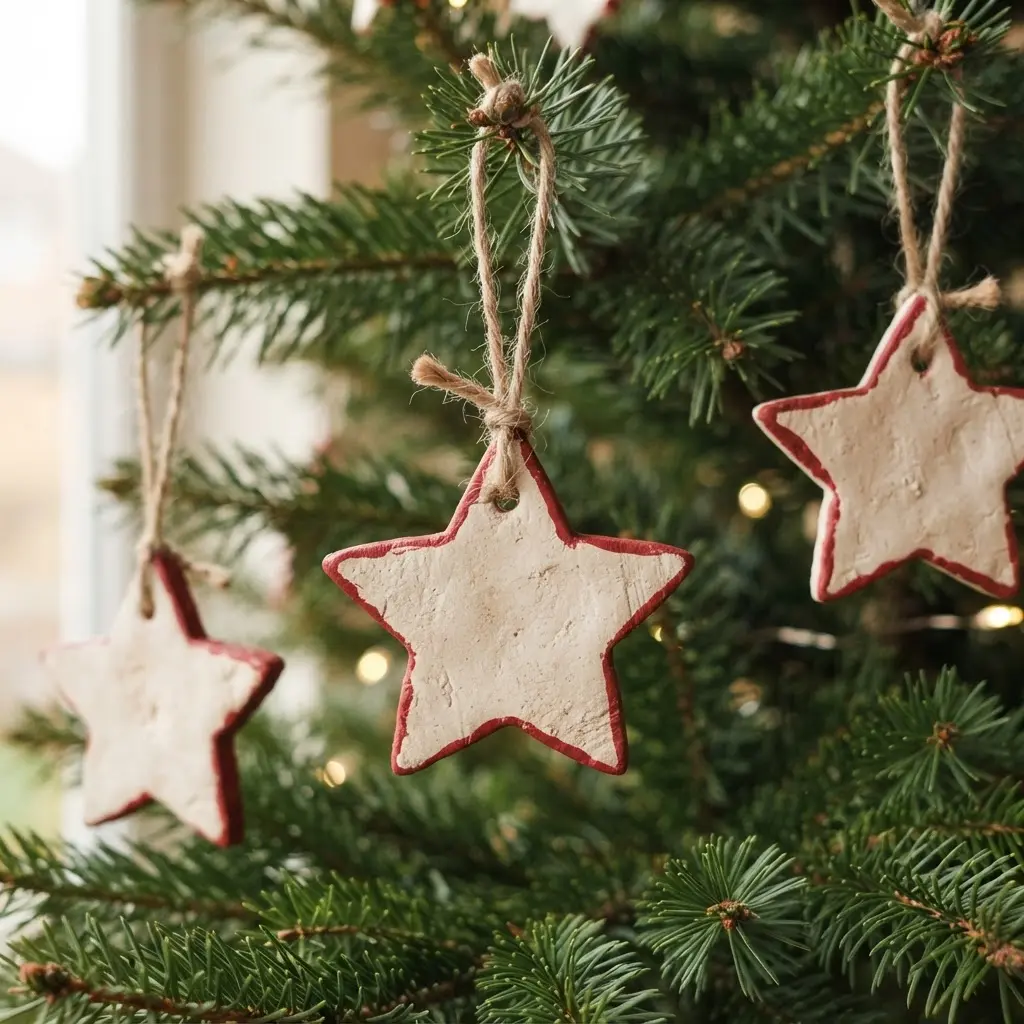 Salt dough star shape ornaments with cream paint, red edges, and twine loops displayed on green tree branches.