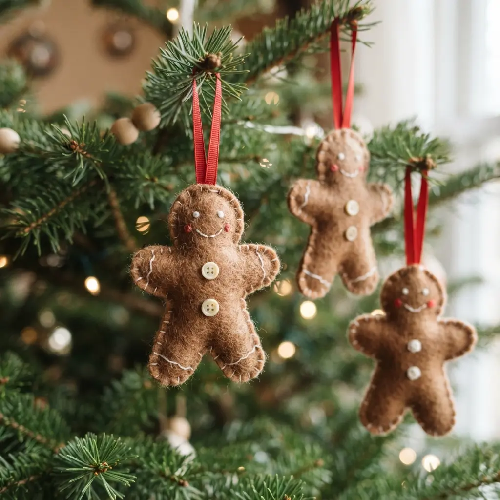 Felt gingerbread man Christmas ornaments with stitched smiles, button details, and red ribbon hanging on evergreen branches.
