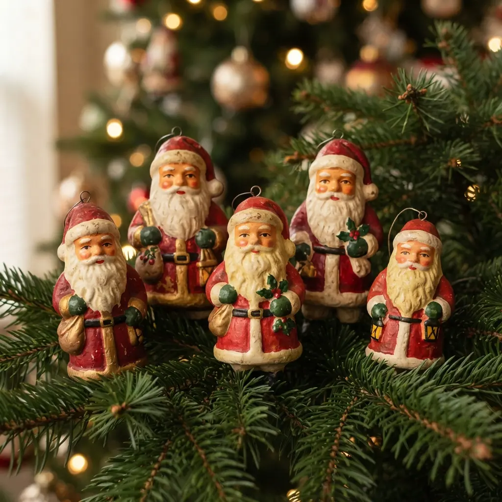Papier-mache figural Santa figures with painted features, red hats, and white beards placed among tree branches.