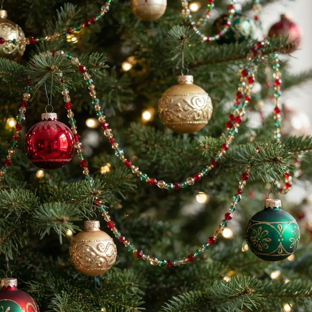 Beaded glass garland decorative strands loop between red, gold, and green ornaments on a softly lit Christmas tree.