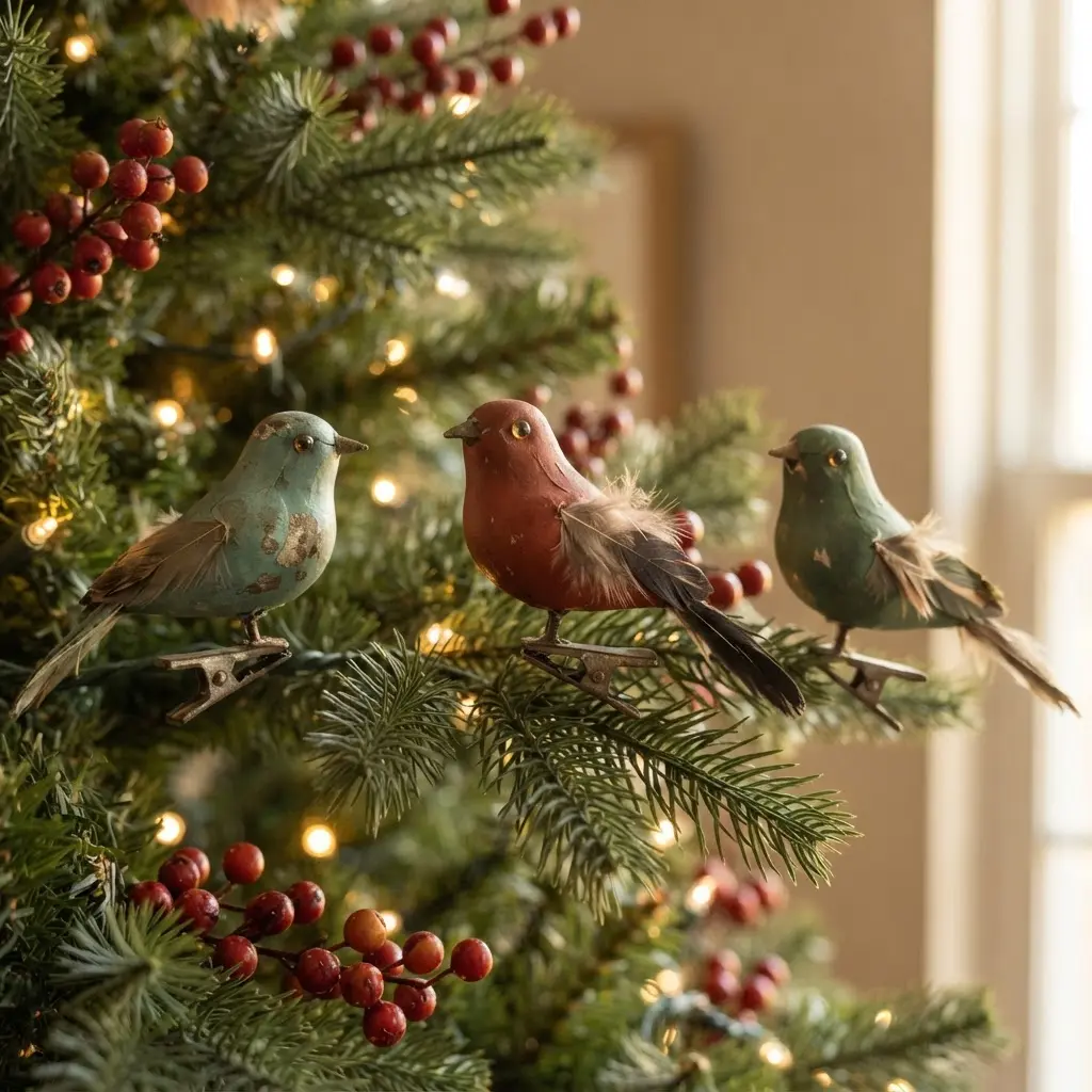 Vintage style clip-on bird ornaments with feathered bodies perch on evergreen branches beside red berries and lights.
