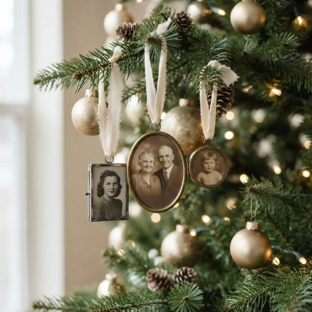 Small framed family photo ornaments hang from cream ribbons between gold baubles and pine needles on a holiday tree.