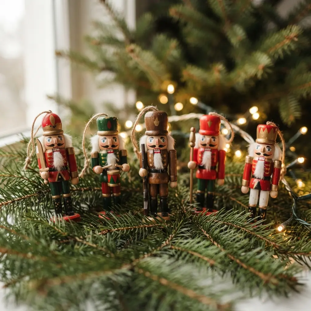 Vintage Christmas Tree Decoration Ideas showing hand-painted wooden nutcracker ornaments arranged on green branches beside warm lights.
