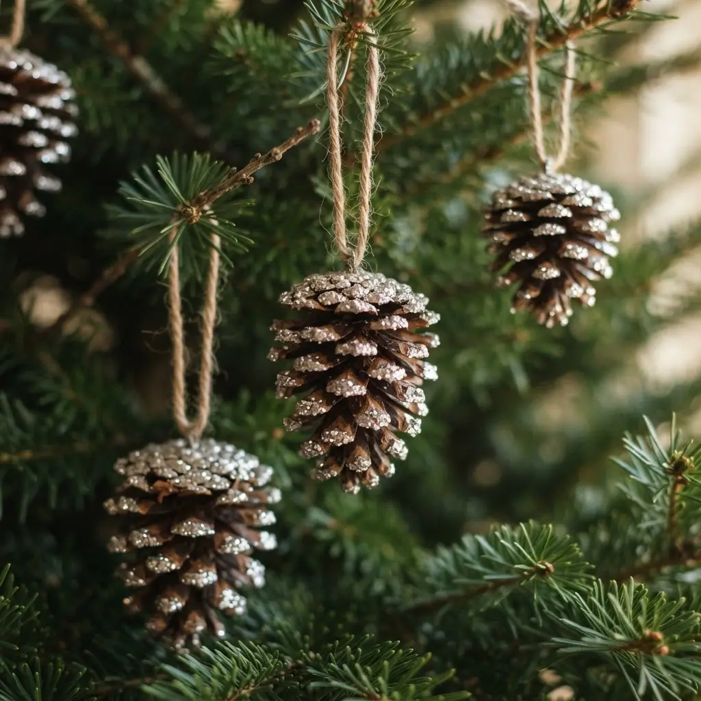 Glittered pinecone hanging decorations with silver tips and twine loops rest against deep green evergreen branches.