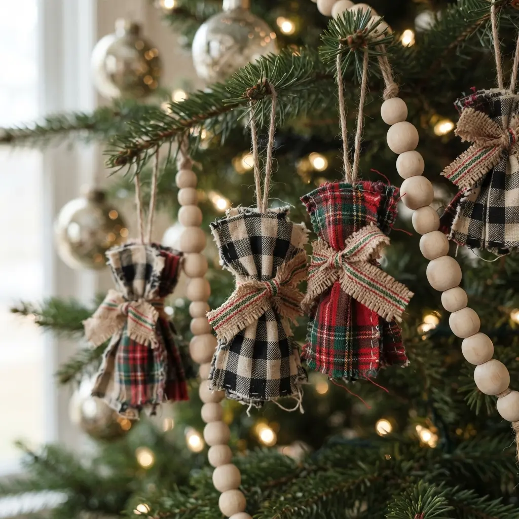 Checkered plaid fabric ornament bundles in red, green, and cream hang from branches beside wooden beads.