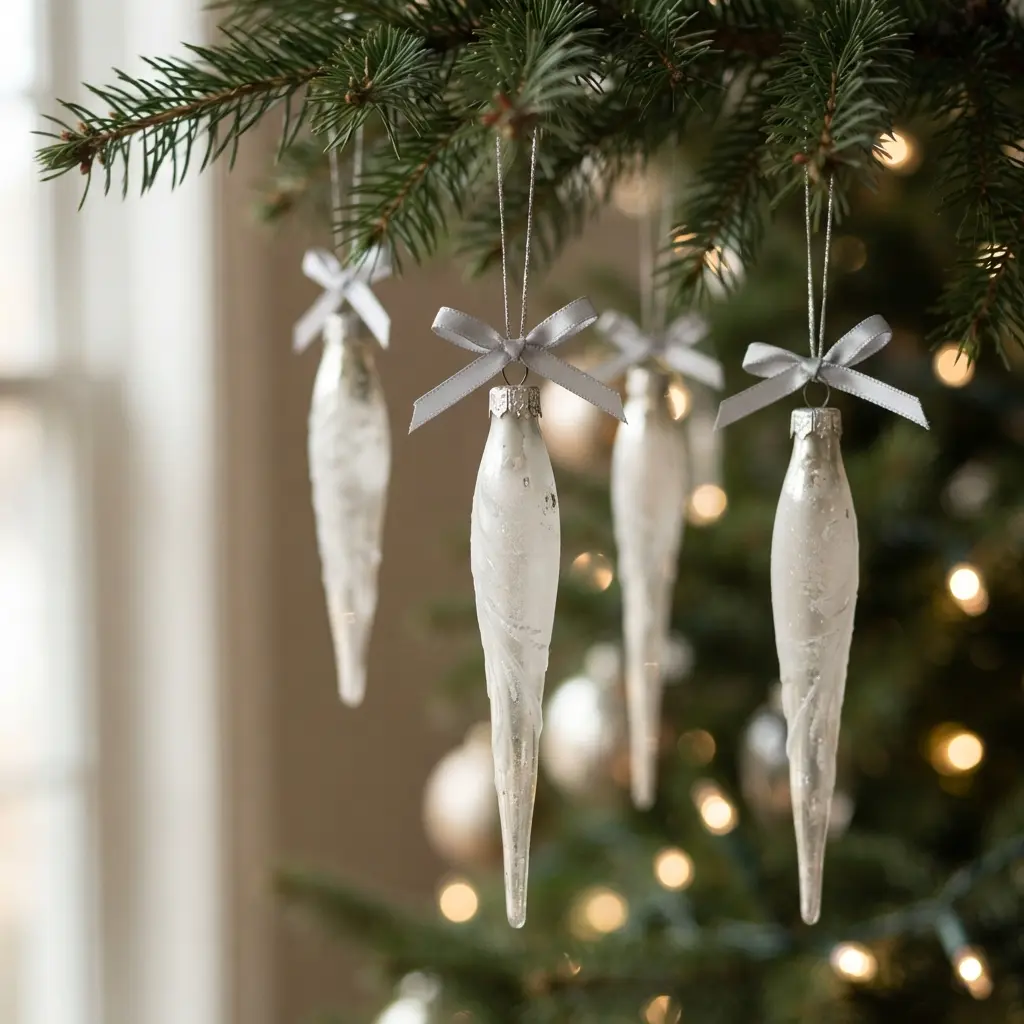 Frosted glass icicle drop ornaments hang beneath evergreen needles with pale reflections and silver ribbon nearby.
