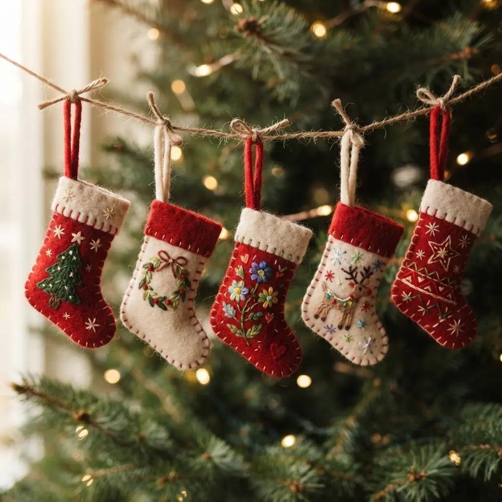 Hand-stitched embroidered felt stocking ornaments in red and cream display tiny flowers, stars, and ribbon loops.