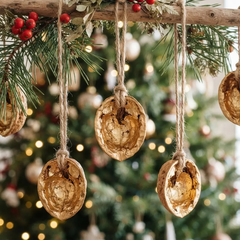 Gold leaf walnut shell ornaments with gilded halves and twine hang beside pine needles and red berries.